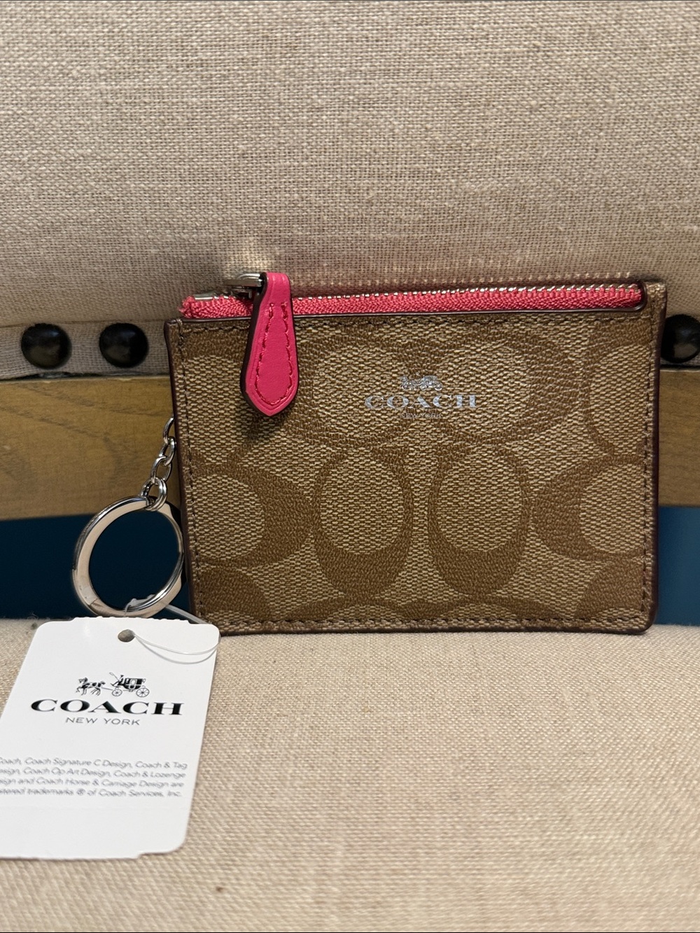 Coach Signature Canvas Magenta Skinny Card/ID Case with Keyring